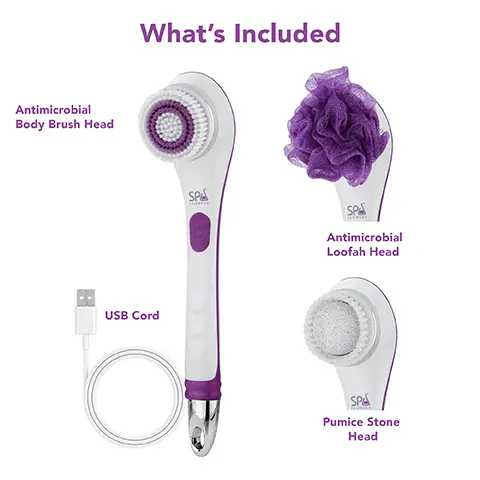 Image 1,Antimicrobial Body Brush Head What's Included USB Cord Antimicrobial Loofah Head Pumice Stone Head Image 2,4 Treatment Heads Included Ergonomic Handle Easy to Hang Hook ON/OFF Button 2 Speeds Image 3,NERA features 4 treatment heads
              so you can easily cleanse, exfoliate and moisturize with ease Patent pending antimicrobial protection built into the body brush bristles and loofah Extra-long handle, making it easy to reach all areas of the body from head to toe Cordless and USB rechargeable 