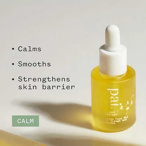 Image 1 - A glass bottle of yellow face oil with a white dropper cap, labeled pai The Light Fantastic Ceramide Face Oil, alongside text listing its benefits: calms, smooths, strengthens skin barrier, and a green box reading CALM.
              Image 2 - A hand holds a small yellow bottle of Pai Ceramide Face Oil with visible text indicating that 74% of users said it had a soothing effect on skin, alongside several certification logos, and a note about a study conducted on 54 participants with sensitive skin.