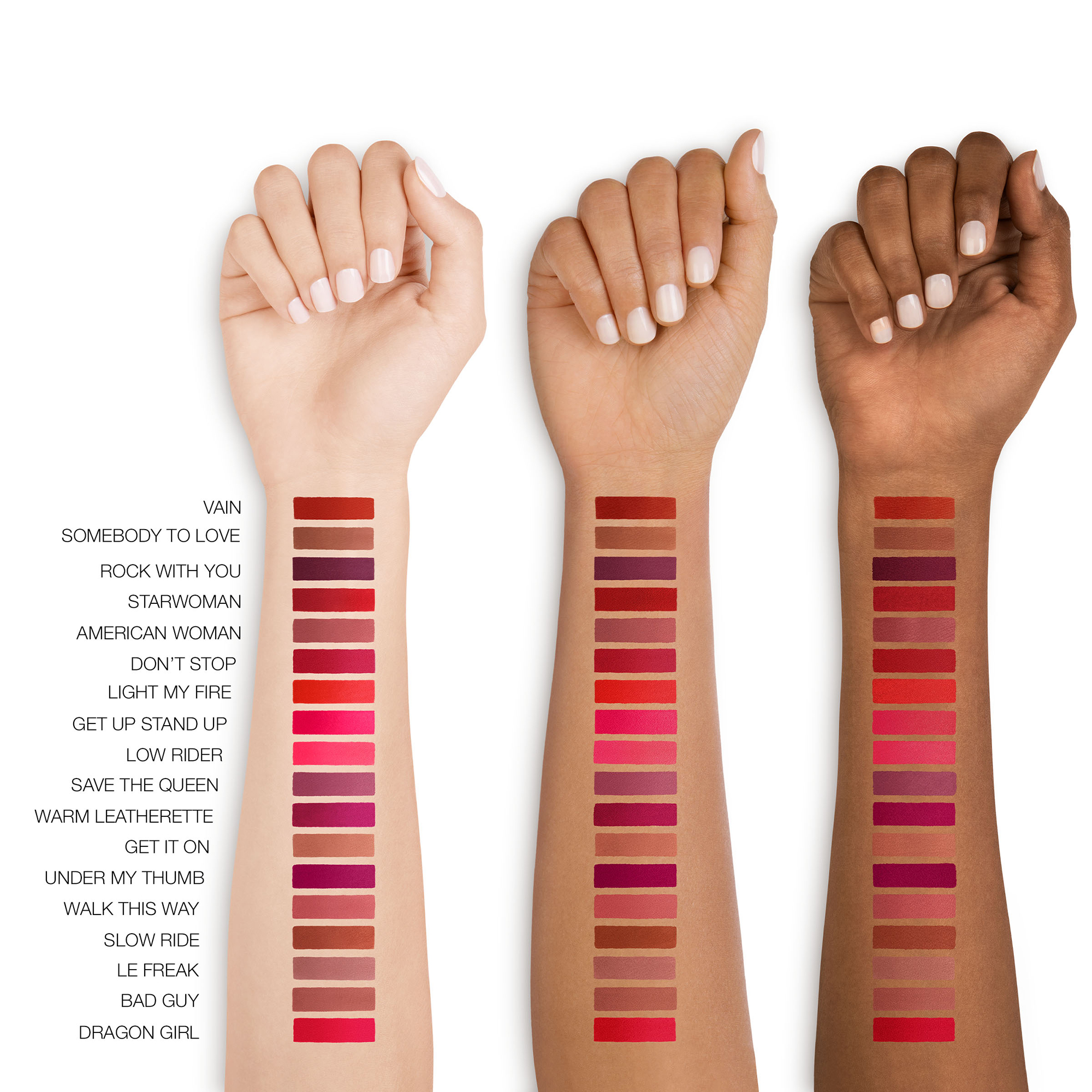 Swatches of lip pigments on arm
