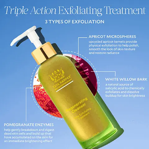 Image 1, Triple Action Exfoliating Treatment 3 TYPES OF EXFOLIATION APRICOT MICROSPHERES upcycled apricot kernels provide physical exfoliation to help polish, smooth the look of skin texture and restore radiance POMEGRANATE ENZYMES help gently breakdown and digest dead skin cells and build up that have accumulated on the skin for an immediate brightening effect TATA HARPER HEXT GENERATION BEAUTY Regenerating Cleanser Daily Exfoliating Treatment 411 or WHITE WILLOW BARK a natural source of salicylic acid to chemically exfoliates and dissolve buildup for skin brightness Image 2, BRIGHTEN- CLEANSE EXFOLIATE TATA HARPER NEXT GENERATION BEAUTY Regenerating Cleanser Daily Exfoliating Treatment 41 FL OZ MOISTURIZE SOOTHE NOURISH- Image 3, 5 Minute Facial MEGA-WATT GLOW STEP 1: EXFOLIATE Regenerating Cleanser Buff onto dry skin. STEP 2: GLOW GETTER Resurfacing Mask Apply right on top for our flash facial treatment. Leave on for 5 minutes then rinse clean. Image 4, After 1 Use 93% 90% SAID SKIN LOOKS MORE RADIANT* SAID SKIN % FEELS FRESH* 96% SMOOTHER* SKIN LOOKS BRIGHTER After 4 Weeks 96% 90 SKIN IS GLOWING + % LOOKS BRIGHTER LOOKS HEALTHIER + % DOESN'T FEEL STRIPPED 93% SKIN LOOKS MORE % RADIANT+ LESS DULL* *Based on the self-assessment portion of a 4-week clinical study on 32 women ages 20-09, used daily Image 5, CLINICALLY PROVEN brighten, smooth, hydrate, + make pores look smaller After 1 Use *Based on a 4-week clinical study on 32 women ages 20-69, used daily. Image 6, BEFORE AFTER CLINICALLY PROVEN to brighten skin + minimize the look of pores after 1 use.* *Based on a 4-week clinical study on 32 women ages 20-69, used daily.