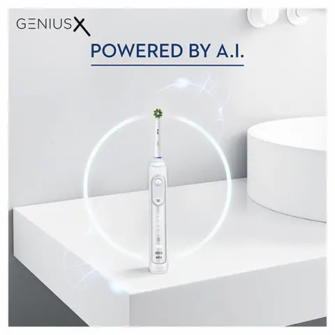Genius x, 2-week li-on battery, pro-timer, visible pressure sensor, bluetooth smart coaching app, artificial intelligence. Brushing modes, daily clean, pro-clean, sensitive, whitening, gum care, tongue cleaning. Powered by A.I. Recognises your brushing style, guides you yo brush better everyday. Oral-B number 1