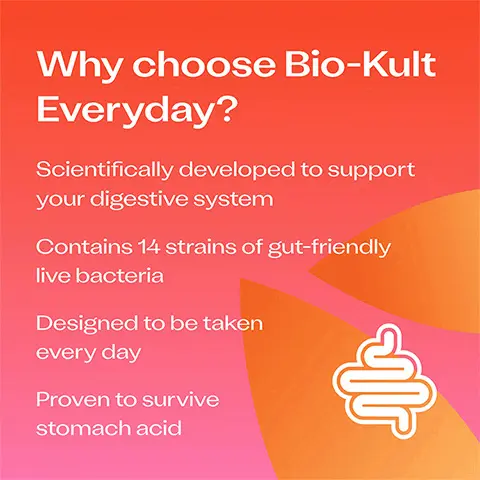 Why choose Bio-Kult Everyday? Scientifically developed to support your digestive system Contains 14 strains of gut-friendly live bacteria. Designed to be taken every day. Proven to survive stomach acid. Can be taken with antibiotics No need to store in the fridge Easy to take with - or add to - food. NO ARTIFICIAL COLOURS OR FLAVOURS. GLUTEN FREE. VEGETARIAN.