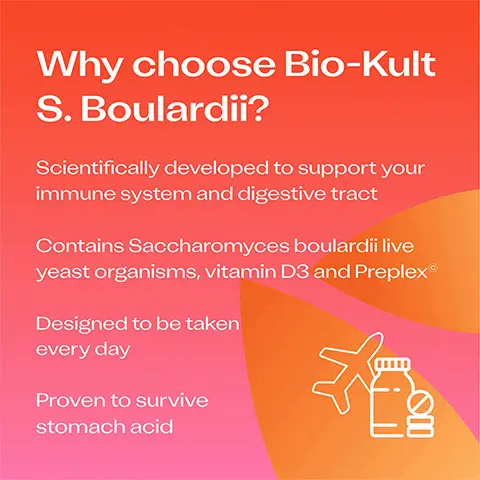 Can be taken with antibiotics No need to store in the fridge Easy to take with - or add to - food. NO ARTIFICIAL COLOURS OR FLAVOURS. GLUTEN FREE. VEGETARIAN. Why choose Bio-Kult S. Boulardii? Scientifically developed to support your immune system and digestive tract. Contains Saccharomyces boulardii live yeast organisms, vitamin D3 and Preplex® Designed to be taken every day Proven to survive stomach acid ПО