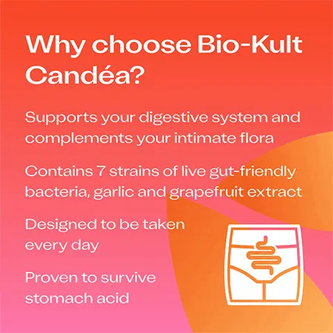 Can be taken with antibiotics No need to store in the fridge Easy to take with - or add to - food. NO ARTIFICIAL COLOURS OR FLAVOURS. GLUTEN FREE. VEGETARIAN. Why choose Bio-Kult Candéa? Supports your digestive system and complements your intimate flora. Contains 7 strains of live gut-friendly bacteria, garlic and grapefruit extract. Designed to be taken every day Proven to survive stomach acid.