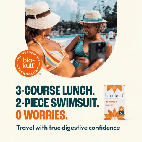 Two women in swimwear by a pool with Bio-Kult Everyday, promoting digestive confidence and worry-free travel. Designed to be taken every day. Proven to survive stomach acid. Can be taken with antibiotics No need to store in the fridge Easy to take with - or add to - food. NO ARTIFICIAL COLOURS OR FLAVOURS. GLUTEN FREE. VEGETARIAN.