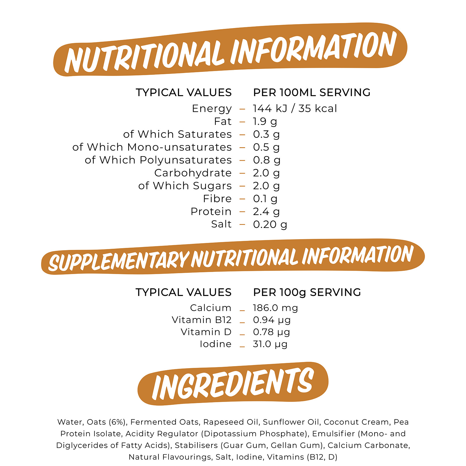 
                                  TYPICAL VALUES PER 100ML SERVING Energy 144 kJ /35 kcal Fat 1.9 g of Which Saturates 0.3 g of Which Mono-unsatu rates 0.5 g of Which Polyunsaturates 0.8 g Carbohydrate 2.0 g of Which Sugars 2.0 g Fibre 0.1 g Protein 2.4 g Salt 0.20 g 
                                  L'UPPLEMENTARY NUTRITIONAL INFORMATION 
                                  TYPICAL VALUES PER 100g SERVING Calcium _ 186.0 mg Vitamin B12 _ 0.94 pg Vitamin D _ 0.78 pg Iodine _ 31.0 pg 

                                  Water, Oats (6%), Fermented Oats, Rapeseed Oil, Sunflower Oil, Coconut Cream, Pea Protein Isolate, Acidity Regulator (Dipotassium Phosphate), Emulsifier (Mono- and Diglycerides of Fatty Acids), Stabilisers (Guar Gum, Gellan Gum), Calcium Carbonate, Natural Flavourings, Salt, Iodine, Vitamins (B12, D) 
                                  