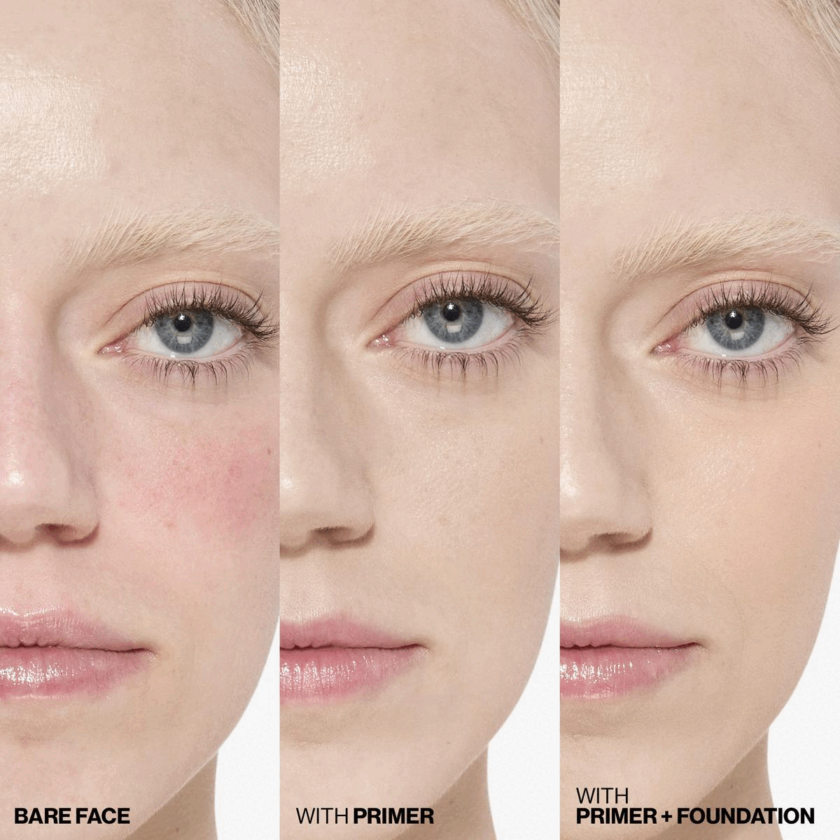 Image 1, Bare Faced, With Primer, with Primer and Foundation. Image 2, Red Algae, Rose and Chaga Mushroom sooth stressed skin to help reduce the look of irritation