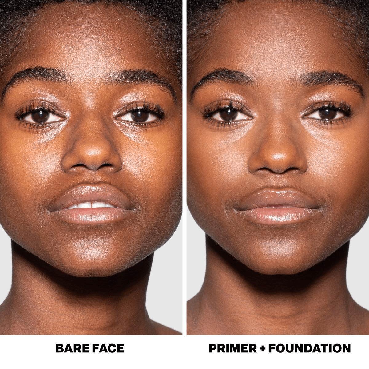 Image 1, Bare Faced with Primer and Foundation. Image 2, the original photo finish smooth and blur primer makeup sponge test