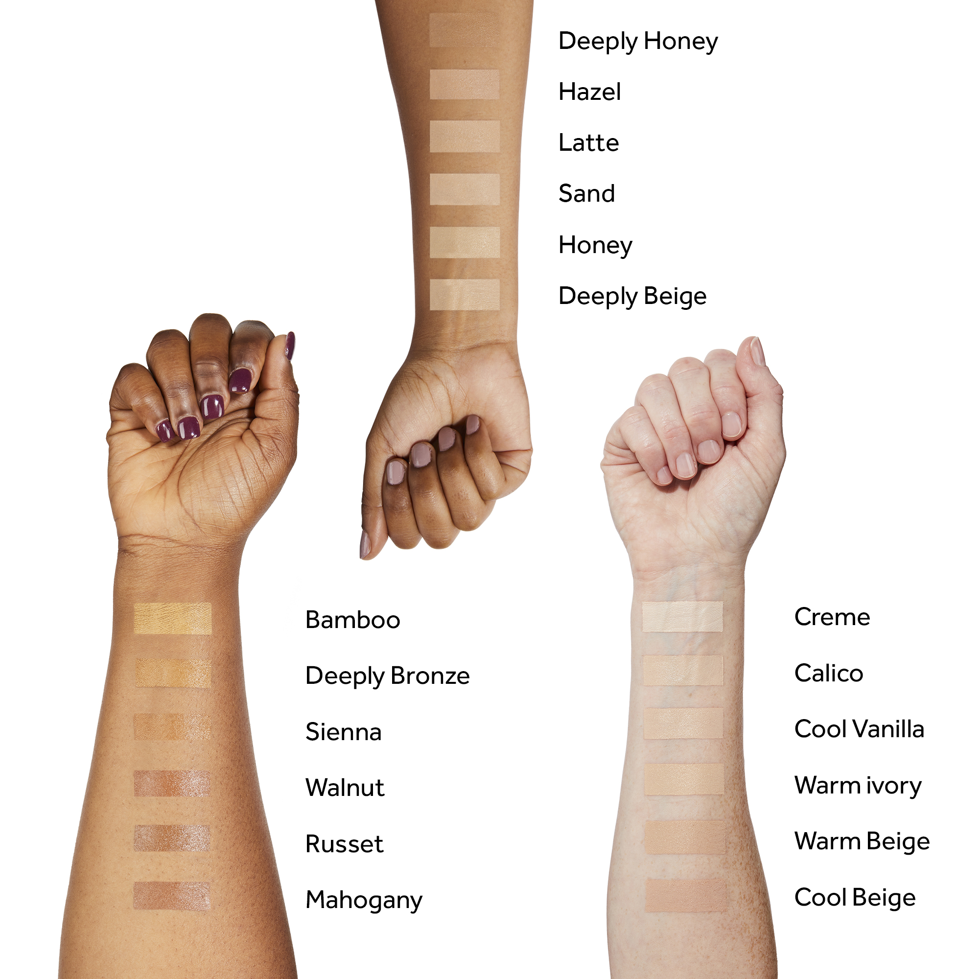 Deeply Honey, Hazel, Latte, Sand, Honey, Deeply Beige, Bamboo, Deeply Bronze, Sienna, Walnut, Russet, Mahogany, Creme, Calico, Cool Vanilla, Warm Ivory, Warm Beige, Cool Beige. The image shows various shades on different skin tones