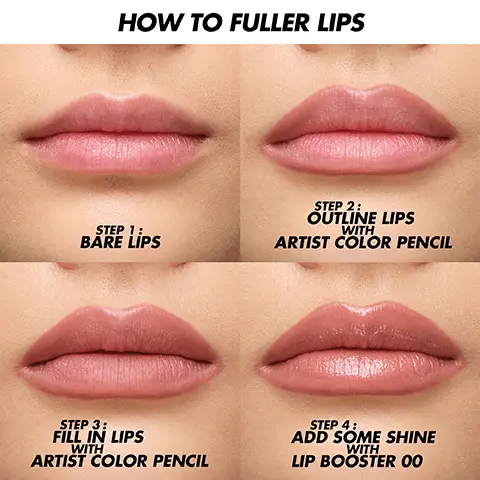 HOW TO FULLER LIPS. STEP 1, BARE LIPS. STEP 2, OUTLINE LIPS WITH ARTIST COLOR PENCIL. STEP 3, FILL IN LIPS WITH ARTIST COLOR PENCIL. STEP 4, ADD SOME SHINE WITH LIP BOOSTER 00.