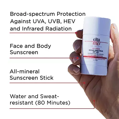 Image 1, Broad spectrum protection against UVA, UVB, HEV and infrareed radiation, face and body sunscreen, all mineral sunscreen stick and water and sweat resistant (80 minutes). Image 2, number 1 dermatologist recommended, trusted, personally used professional sunscreen brand. Image 3, Atioxidant protection, combats skin aging free radicals associated with ultraviolet and infrared radiation. Image 4, made with zinc oxide, natural mineral compound that works as a sunscreen agent by reflecting and scattering IVA and UVB rays. Image 5, verified customer review: Its moituizing feels very light on the skin stays on through sweat. Image 6, Paraben free,noncomedogenic, vegan, oil free, alcohol free, fragrance free, dye free and sensitivity free. Image 7, complete your regimen, UV stick, foaming facial cleanser, PM therapy, renew eye gel and UV pure. Image 8, active ingredients 22% zinc oxide