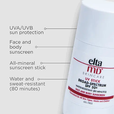 Image 1, UVA, UVB, sun protection, face and body sunscreen, all mineral sunscreen stick and water and sweat resistant (80 minutes). Image 2, number 1 dermatologist recommended, trusted, personally used professional sunscreen brand. Image 3, easy to apply mess free mineral sunscreen for the whole family. Image 4, formulated with bisabol to soothe skin from daily environmental stress. Image 5, think zinc oxide, natural mineral compound that works as a sunscreen agent by reflecting and scattering IVA and UVB rays. Image 6, active ingredients 22% zinc oxide. Image 7, Trusted by Dermatologists. Loved by skin. For over 30 years, EltaMD has been creating innovative products that cater to all skin types and conditions, from cosmetically elegant sunscreen to skincare that repairs and rejuvenates skin. Image 8, Free From oxybenzone parabens ◇ fragrances ◇ dyes. Image 9, complete your regimen