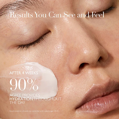 Image 1 - Close-up of a persons face with a white moisturizing cream applied to their cheek, featuring text that reads Results You Can See and Feel, After 4 Weeks, 90% Agree Provides Hydration Throughout the Day, and a note about results from a trial with 82 subjects aged 35-65.
              Image 2 - Image features a light blue background with the title Science Backed Ingredients at the top, followed by three sections, each containing a microalgae ingredient: Green Microalgae, Brown Microalgae, and Marine Plankton Extract, each with descriptive text detailing their benefits, and the phrase Powered by The Healing Concentrate at the bottom.