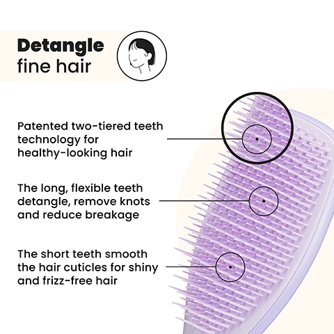 Image 1 - A white and purple hairbrush with a close-up of its two-tiered teeth and an illustration of a head, accompanied by text that reads Detangle fine hair, Patented two-tiered teeth technology for healthy-looking hair, The long, flexible teeth detangle, remove knots and reduce breakage, The short teeth smooth the hair cuticles for shiny and frizz-free hair. Image 2 - A woman with long blonde hair uses a lavender soft-flex detangling brush on her hair, and text reads Soft-flex teeth for fine or thin hair. Image 3 - A purple hairbrush with lighter purple bristles is shown alongside a list of its benefits: Less breakage for smooth & healthy looking hair, Quick & effortless detangling, Ideal for wet or dry hair, 20% softer teeth than The Ultimate Detangler, and Brush through treatments. Image 4 - A split image of a persons hair from the back, showing a Before state with drier blonde hair on the left and an After state with smoother, shinier hair on the right, accompanied by text: 96% of users found it gentler on their scalp*, 94% experienced less pulling and tugging*, and *116 UK respondents aged 30-50 testing after 2 weeks. (2018). Image 5 - An image displays three sizes of hairbrushes labelled Mini, Regular, and Large, with the Regular size shown as a purple detangling brush and the Mini and Large sizes as outlines, along with their dimensions and recommended hair types: Mini is 15.5cm tall and 5.3cm wide, suitable for Fine and Straight - Wavy hair; Regular is 21.1cm tall and 6.6cm wide, labelled For daily detangling, suitable for Fine, Straight - Wavy, and Curly - Coily hair; Large is 23.6cm tall and 7.9cm wide, suitable for Fine, Straight - Wavy, Thick & Long, and Curly - Coily hair. Image 6 - The image shows a four-panel grid featuring different hair textures and colors: dark brown curly hair labeled Curly, light brown straight hair labeled Straight, dark brown straight hair labeled Thin, and black wavy hair labeled Wavy, with a central banner reading For All Fine Hair Types.