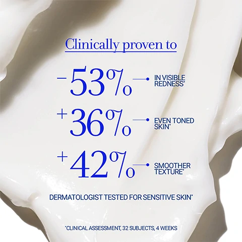 Clinically proven to: -53% invisible redness, +36% even toned skin and +42% smoother texture. Dermatologist tested for sensitive skin