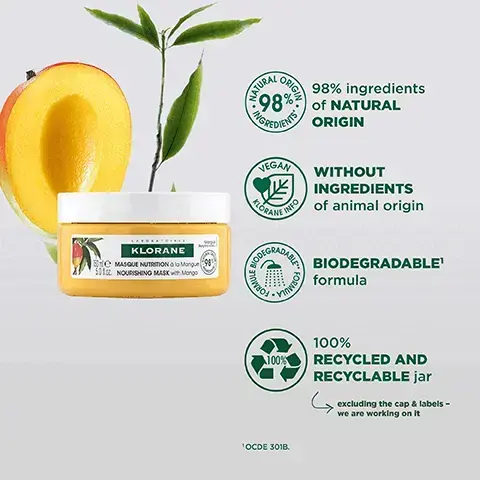 98% ingredients of natural origin. Without ingredients of animal origin. Biodegradable formula. 100% recycled and recyclable jar, excluding the cap & labels, we are working on it. OCDE 3O1B. 1, wash, 2, detangle & nourish, 3, restore, 4, nourish & protect. Delicious fragrance with notes of fresh fruit enhanced with a touch of musk. Texture rich ultra-creamy and nutritive. image 4, intensive nutritive mask that deeply moisturises and nourishes dry hair. 95% felt hair was repaired. replenishes moisture and adds shine, without the weight. image 5, 1 = wash. 2 = detangle and nourhs. 3 = restore. 4 = nourish and protect.