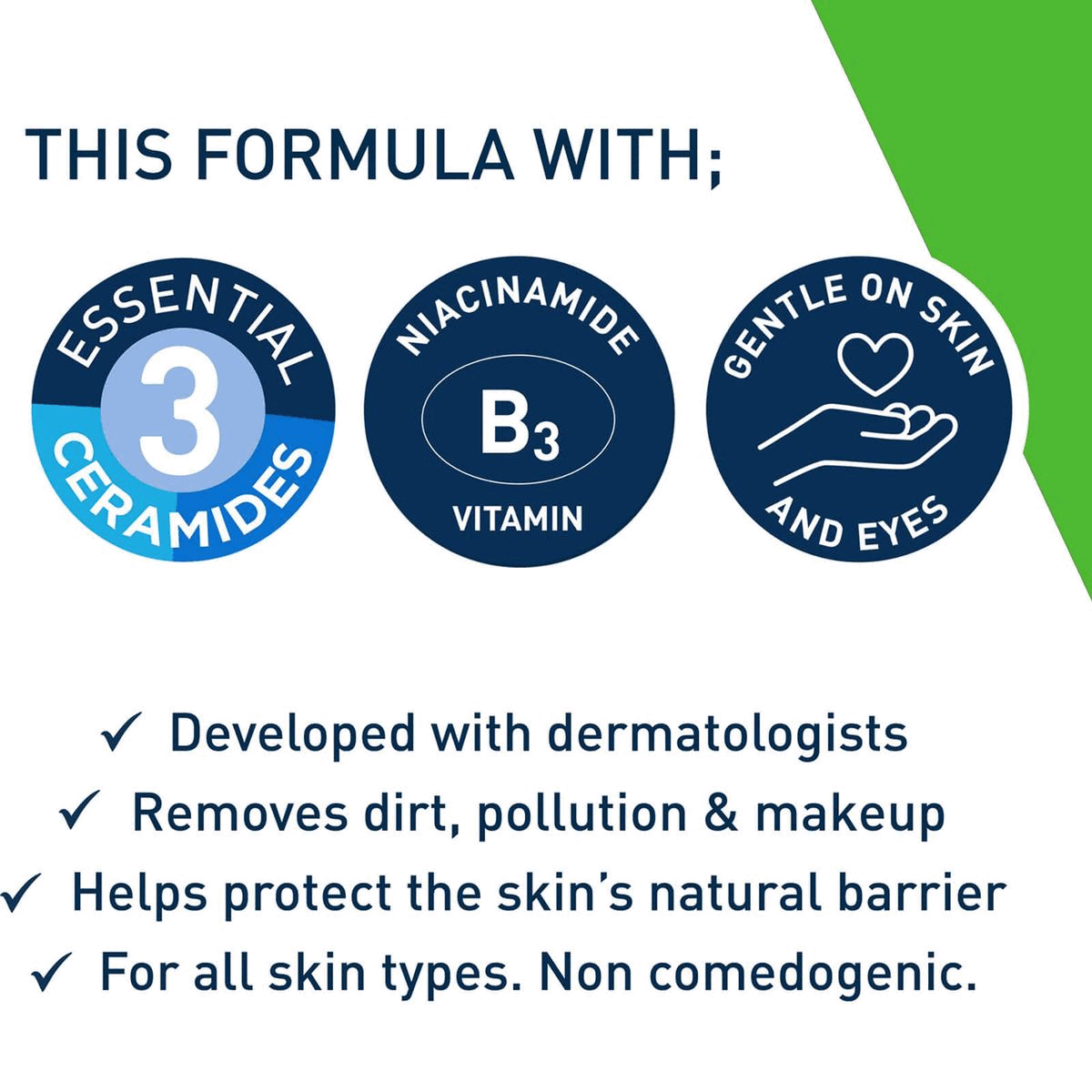 Image 1- this formula with 3 essential ceramides, niacinamide vitamin B3, gentle on skin and eyes, developed with dermatologists, removes dirt, pollution and makeup, helps protect the skin's natural barrier, for all skin types, non-comedogenic
