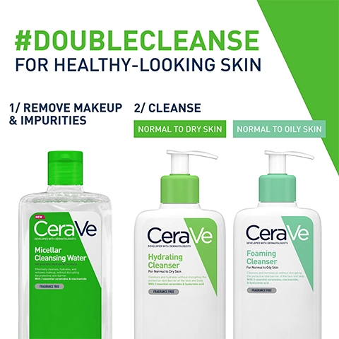 Double cleanse for heathy looking skin 1/remove makeup and impurities and 2/ cleanse normal to dry skin and normal to oily skin