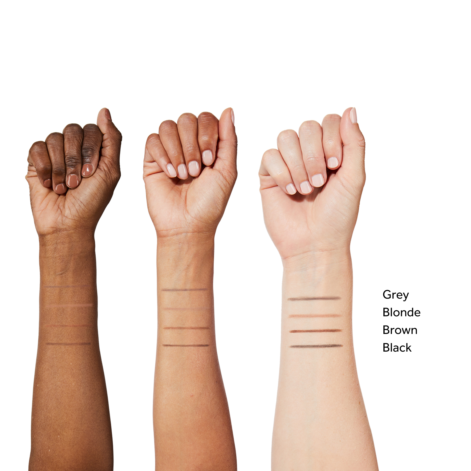 The image shows the different shades applied on arms with different skin tones. There are three arms in total and the shades are as follows, Grey, Blonde, Brown, Black