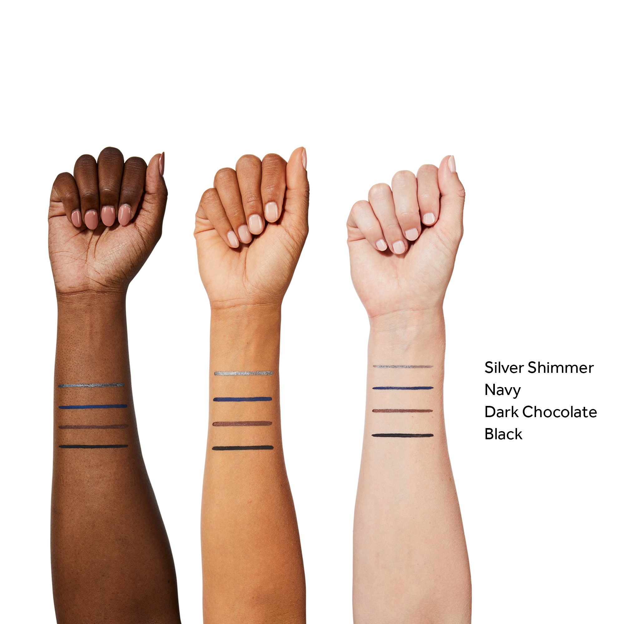 The image shows the different shades applied on arms with different skin tones. There are three arms in total and the shades are as follows, Silver Shimmer, Navy, Dark Chocolate and Black.e