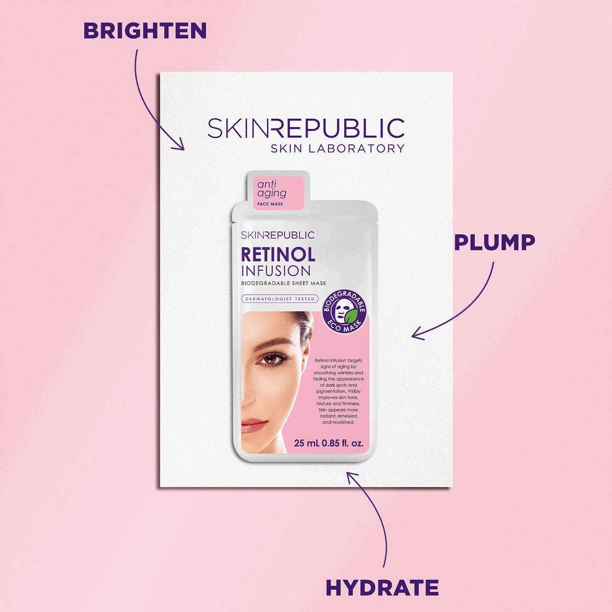Image 1, brighten, plump, hydrate Image 2, biodegradable mask and pack, vegetarian friendly