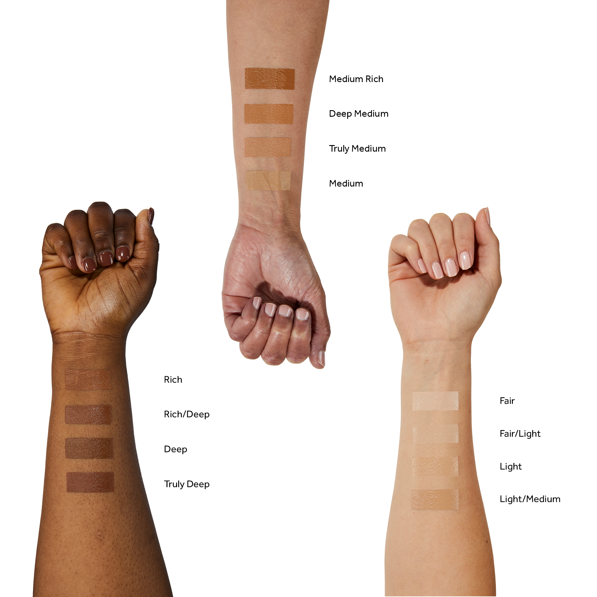 The image shows the different shades applied on arms with different skin tones. There are three arms in total and the shades are as follows, Rich, Rich Deep, Deep, Truly Deep, IIP, Medium Rich, Deep Medium, Truly Medium, Medium, Fair, Fair/Light, Light, Light/Medium