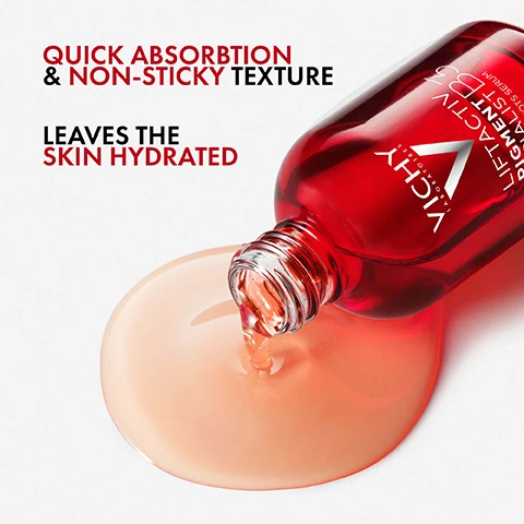 Image 1 - A red bottle of serum is tilted with a small amount of the liquid spilling out onto a light pink surface, accompanied by the text QUICK ABSORPTION & NON-STICKY TEXTURE and LEAVES THE SKIN HYDRATED.
              Image 2 - The image shows two red serum bottles side by side with an arrow pointing from the left bottle labeled BEFORE to the right bottle labeled AFTER, and the text New look, improved formula at the top.
              Image 3 - A smiling woman with braided hair holds a red serum bottle while wearing a white top, with the text on the left stating DARK SPOTS APPEAR REDUCED and on the right SKIN TONE LOOKS MORE EVEN.
              Image 4 - An image divided into two sections, one featuring a translucent sphere with bubbles labeled MELASYL and the other showing a clear, textured background labeled NIACINAMIDE [B3], with text at the bottom stating DARK SPOTS APPEAR REDUCED & SKIN TONE LOOKS MORE EVEN.
              Image 5 - A close-up of a dropper bottle showing a pink serum with two droplets next to it, accompanied by the text Hypoallergenic Formula Designed for Sensitive Skin.
              Image 6 - A woman with braided hair is smiling while touching her face in a close-up image, with instructions on how to use Liftactiv Pigment Specialist B3 beside her that read: HOW TO USE, STEP 1 MORNING & EVENING, SQUEEZE 3-4 DROPS INTO YOUR HANDS, STEP 2 AVOIDING THE EYE AREA, APPLY ON CLEAN & DRY FACE.