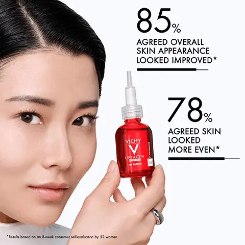 85% agreed overall skin appearance looked improved, 78% agreed skin looked more even, results based on an 8 week consumer self evaluation by 52 women. In 8 weeks dark spots appear faded. Wrinkles visibly reduced. Peptides reduces wrinkles, niacinamide, glycolic acid, tranexamic acid fades dark spots. Suitable for all skin tones. Applicator helps prevent formula contamination, turn bottle upside down and press clear dispenser to release precise dose. Fragrance free, allergy tested, alcohol, paraben and silicone free, dermatologist tested