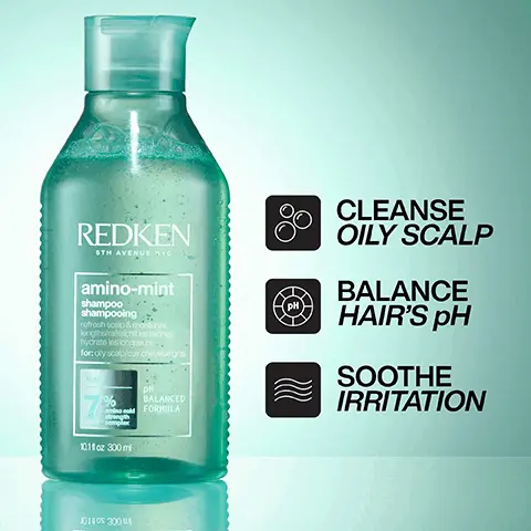 Image 1 - A clear bottle of Redken Amino-Mint shampoo with a turquoise liquid, featuring labels that state Cleanse Oily Scalp, Balance Hairs pH, and Soothe Irritation.
              Image 2 - A bottle of Redken amino-mint shampoo is displayed next to a beaker containing mint leaves, with text highlighting “Amino Acid Strength Complex,” “Formulated with Mint,” and “pH Balanced Formula.”
              Image 3 - A green bottle of Redken Amino-Mint shampoo is shown against a light blue background, accompanied by a small dish of mint leaves; the text reads REMOVES BUILDUP and COMBATS OILY SCALP.
              Image 4 - Image shows a side-by-side comparison of a persons hair before and after using Amino Mint Shampoo, with the top half labeled BEFORE showing flat hair and the bottom half labeled AFTER ONE USE OF AMINO MINT SHAMPOO depicting fuller, more voluminous hair.
              Image 5 - Image of a bottle of Redken Amino-Mint shampoo labeled as Miracle Shampoo, featuring five stars for a rating, with a customer review stating it is a game changer for greasy hair and oily scalp, noting a significant difference from the first use.