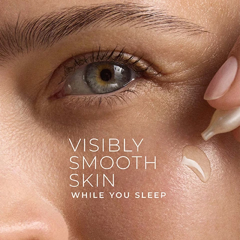 Image 1 - A close-up of a persons eye and the skin below it, with a hand dispensing a drop of skin product from a capsule onto the skin, next to the text Visibly Smooth Skin While You Sleep. Image 2 - A clear jar with a gold cap holds many pearlescent serum capsules, with visible text on the left stating 97% HAD VISIBLY SMOOTHER SKIN IN 1 NIGHT and 100% CONTINUED TO SEE VISIBLY REDUCED LINES IN 4 WEEKS, while the jars label reads RoC CLINICALLY PROVEN RETINOL CORREXION® LINE SMOOTHING NIGHT SERUM CAPSULES FOR REVITALIZED LOOKING SKIN 30 BIODEGRADABLE CAPSULES 0.35 FL. OZ. (10.5 ML), and CLINICALLY PROVEN is also visible at the bottom. Image 3 - A before and after image displays a forehead with prominent horizontal wrinkles in the top section labeled BEFORE, and the same forehead with noticeably smoother skin and fewer wrinkles in the bottom section labeled 8 WEEKS AFTER UNRETOUCHED IMAGES, with the overall title CLINICALLY PROVEN TO SMOOTH LINES. Image 4 - A three-panel image depicts abstract textures for cosmetic ingredients: the top panel shows golden liquid with bubbles and the text ROC® RETINOL VISIBLY SMOOTHS LINES; the middle panel features light blue gel with small bubbles and the text CERAMIDES NOURISH AND REPLENISH; the bottom panel displays amber liquid with a sphere and the text ANTIOXIDANTS PROTECT FROM ENVIRONMENTAL AGGRESSORS. Image 5 - A close-up image of textured skin with a clear liquid drop, featuring a black and white headshot of a smiling man, alongside the text Board-Certified Dermatologist Dr. Maxfield and Theres nothing better than waking up to visibly softer, smoother skin in just one night!