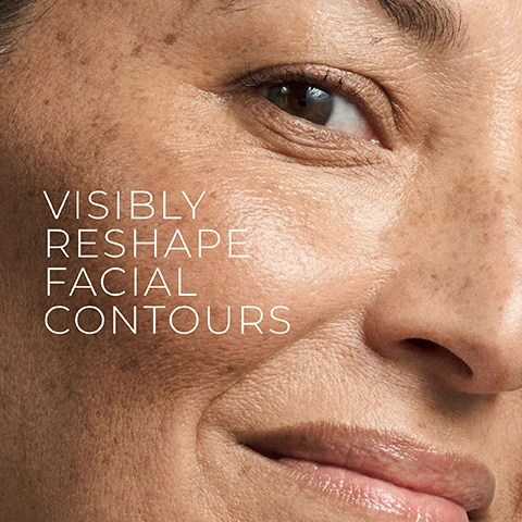 Image 1 - A close-up of a smiling face with freckles and visible text that reads VISIBLY RESHAPE FACIAL CONTOURS. Image 2 - Three blue and gold jars of RoC Multi Correxion cream are stacked on a white background, with text on the left stating 94% HAD A VISIBLY TIGHTER, MORE LIFTED NECK & JAWLINE, 3 OUT OF 4 SAW VISIBLY LIFTED SKIN, and CLINICALLY PROVEN, while the visible jar shows RoC MULTI CORREXION FERMETE EFFET LIFTING CREME ANTI RELACHEMENT RAFFERMISSANTE RoC THPE avec Bugrane FIRM LIFT ANTI SAGGING FIRMING CREAM RoC THPE with Bugrane 50mL (1.7 FL OZ). Image 3 - A split image shows a close-up of a golden hexagonal structure with a light liquid on the left, and a pink bubbly liquid on the right, with the text RoC® THPE VISIBLY FIRMS SKIN and BUGRANE HELPS VISIBLY SMOOTH SKIN. Image 4 - A before-and-after comparison of a persons skin around the mouth and nose shows a reduction in wrinkles and visibly tighter skin, with text Visibly Tighten + Lift Skin, Before, and 8 Weeks After Unretouched Images.