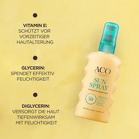 EFFEKTIVE SONNENPFLEGE, SANFT ZUR HAUT ACO SIMPLY EFFECTIVE, VITAMIN E: SCHUTZT VOR VORZEITIGER HAUTALTERUNG GLYCERIN: SPENDET EFFEKTIV FEUCHTIGKEIT DIGLYCERIN: VERSORGT DIE HAUT TIEFENWIRKSAM MIT FEUCHTIGKEIT AC O SUN SPRAY INTENSIVE MOISTURE ,2 *.deRY trPZT;ML 50' ,-,TRIPt, MOIST COMPLEX, BEWUSST GEWAHLT, BEWUSST VERZICHTET cf, VEGAN & VOM TIERVERSUCHS- SKANDINAVISCHEN FREI KLIMA INSPIRIERT WIRKSAME ZUSAMMEN-SETZUNG