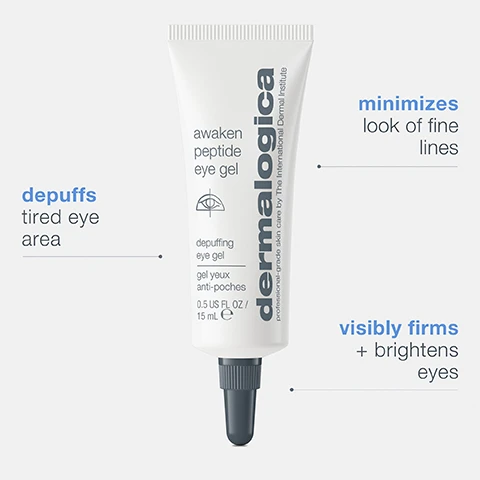 Image 1, depuffs tired eye area. minimizes look of fine lines. visibly firms and brightens eyes. image 2, peptide = firms and smooths skin to reduce puffiness. caffeine = known to reduce the appearance of puffiness. rosemary leaf extract = soothes skin and minimises swelling. image 3, awaken peptide eye gel. look more well-rested in 10 minutes, quickly reduces the appearance of puffiness and wrinkles. before application and after 10 minutes. images taken from an independent study, 30 subjects, 1 application measurement at 10 minutes.