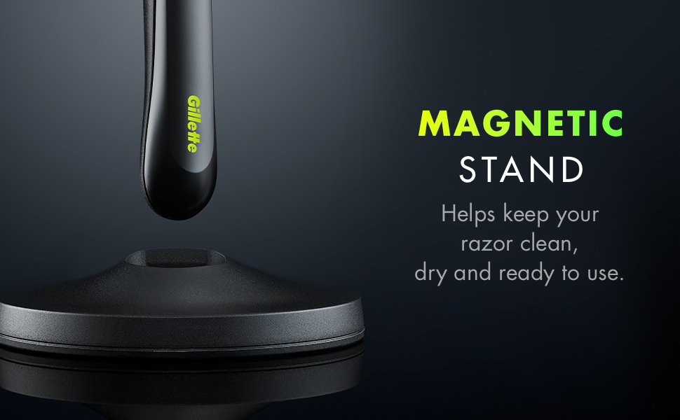 MAGNETIC STAND Helps keep your razor clean, dry and ready to use.