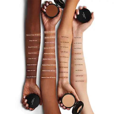 Image 1, Swatch imagery of all the shades. Image 2-4, showing the shade range on models. Image 5, skin tone looks more even in 2 weeks* *based on a 4-week clinical study of 47 people. Image 6, ingredients and their benefits