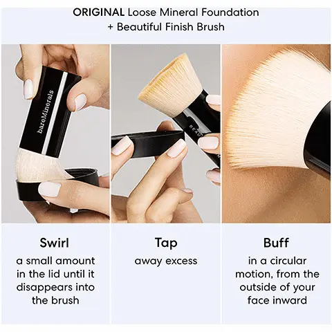 Image 1, original loose mineral foundation and beautiful finish brush. swirl a small amount in the lid until it disappears into the brush, tap away excess, big in circular motion, from the outside of your face inward. Image 2, shade finder