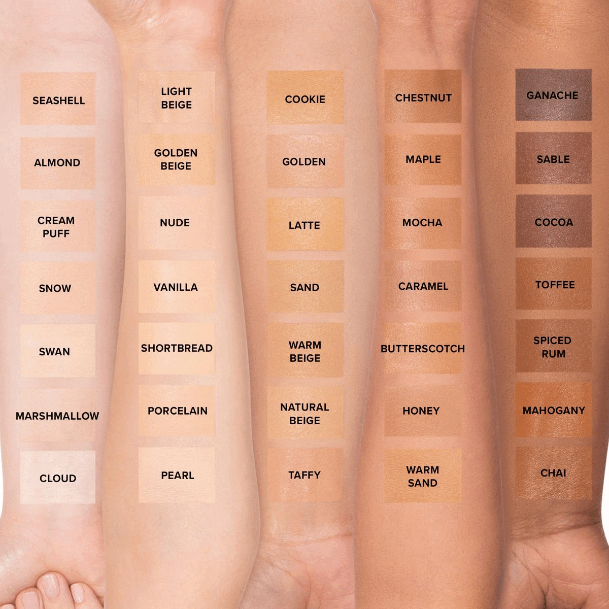 Image 1 Swatch imagery. Image 2, ingredient breakdown and benefits. Image 3, Comparison between born this way matte, born this way and born this way concealer. Image 4-Shade finder