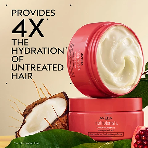 Image 2 - Image shows two coral-red jars of Aveda Nutriplenish treatment masque, one open displaying creamy product, surrounded by a half coconut, green leaves, and a pomegranate piece, with text that reads PROVIDES 4X* THE HYDRATION OF UNTREATED HAIR, AVEDA nutriplenish™ treatment masque masque traitant deep moisture/hydratation profonde on both jars, and *vs. Untreated Hair at the bottom. Image 3 - A split image shows a person with curly hair before and after using hair products, with the left side showing frizzy, undefined curls and the right side showing hydrated, defined, and shiny curls. Visible text includes BEFORE, AFTER, Unwashed Hair, and Results with Nutriplenish™ Shampoo Deep Moisture, Treatment Masque Deep Moisture combined with Multi-Use Hair Oil, Curl Gelée, daily Moisturizing Treatment and Leave-In onditioner. Blow dried with diffuser attachment. Image 4 - A dark green graphic features a large central circle displaying abstract swirls of red, gold, and dark liquids, with visible text reading SUPERFOOD COMPLEX, POMEGRANATE SEED OIL, COCONUT OIL, MANGO BUTTER, Hydrates and replenishes dry, depleted hair, and Lorem Ipsum. Image 5 - A dollop of thick, white cream with soft shadows, resting on a white surface. Image 6 - The image shows a light peach tube and a red jar of Aveda hair masques, adorned with green leaves, a pomegranate bud, and a split coconut; accompanying visible text includes HOW TO USE, the peach tube label AVEDA THE ART AND SCIENCE OF PURE FLOWER AND PLANT ESSENCES nutriplenish treatment masque nutrient-powered hydration masque traitant hydratation à base de nutriments light moisture hydratation légère, the red jar label AVEDA nutriplenish treatment masque masque traitant deep moisture/hydratation profonde, and usage instructions 01 FOR FINE TO MEDIUM HAIR Nutriplenish Treatment Masque: Light Moisture, and 02 FOR MEDIUM TO THICK HAIR Nutriplenish Treatment Masque: Deep Moisture. Image 7 - A background of dark green tropical leaves with three white certification logos: a 100% Vegan logo, a Certified B Corporation logo, and a Cruelty Free International leaping bunny logo.