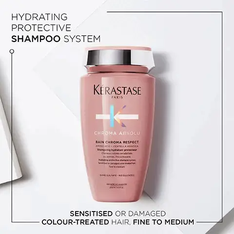 Image 1, Hydrating protective shampoo system- sensitised or damaged colour-treated hair, fine to medium. Image 2, Before and After image- Illustration of the anticipated results obtained after applying the products  bain chroma respect, fondant cica chroma, soin acide chroma gloss, serum chroma thermique after one use and styling. Results may vary from one individual to another. Image 3, Key Ingredients, Amino Acid, Tartaric Acid, Lactic Acid.