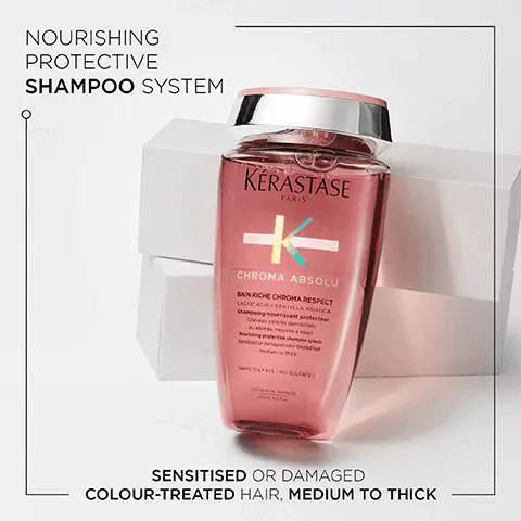 Image 1, Nourishing protective shampoo system, sensitised or damaged colour-treated hair, medium to thick. Image 2, Chroma Absolu, after 6 weeks, 92% of colour intensity is preserved, up to 74% more shine, up to 96% stronger hair, 98% of women agree that their hair feels nourished- instrumental test.21 applications of bain and fondant vs first day of colour, instrumental test. compared to before treatment with bain, instrumental test. soin acide and serum vs classic shampoo with sensitised hair, consumer test .51 women using bain riche, masque and serum with coloured hair. Image 3, Key Ingredients- Amino Acid, Tartaric Acid, Lactic Acid. Image 4, Before and After Image- Illustration of the contemplated results obtained after applying the products Bain Chroma Respect, Masque Vert Chroma Neutralisant, Soin Acide Chroma Gloss, Serum Chroma Thermique under normal conditions of use during period. Results may vary from one individual to another. Image 5, Chroma Absolu, Shelley Gregory, Hairdresser- Colour! One of the most requested Services in my salon. Chroma Absolu revives all types of colour-treated hair, preventing colour fade and frizz, for healthy, shiny hair.