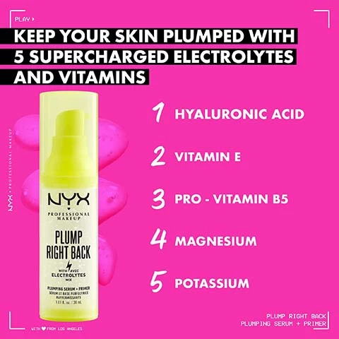 Image 1, keep your skin plumped with 5 supercharged electrolytes and vitamins. hyaluronic acid, vitamin e, pro vitamin b5, magnesium, potassium. Image 2, what primer is right for you? marshmellow = smoothing, infused with marshmellow root extract. pore filler = matte, infused with smoothing agents. honey dew me up = dewy, infused with honey glow. plump right back = plumpng, infused with electrolytes.