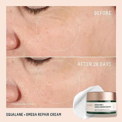 Image 1, Unretouched photos SQUALANE + OMEGA REPAIR CREAM BEFORE AFTER 28 DAYS SANCE SQUALANE. OMEGA REPAIR CREAM Image 2, SQUALANE. OMEGA REPAIR CREAM HEAVY-DUTY HYDRATION OMEGA REPAIR CREAM Multi-lipids restore and support skin's natural moisture barrier Smooths rough texture, plumps the look of fine lines Non-comedogenic, squalane-rich formula deeply nourishes skin QUALANE PROBIOTIC GEL MOISTURIZER COMPLEXION-CALMING, WEIGHTLESS MOISTURE PROBIOTIC GEL MOISTURIZER Restorative probiotics and nourishing squalane balance skin Calms and brightens stressed skin Ginger extract visibly reduces redness and irritation Image 3, CERAMIDES & FATTY ACIDS Strengthen and repair moisture barrier BIOSSANCE SQUALANE. OMEGA REPAIR CREAM Face Cream Deeply Moisturizes S Crime visage hydratent la peau en profonde HYALURONIC ACID Visibly plumps skin SUGARCANE-DERIVED SQUALANE Deeply nourishes dry, flaky skin Image 4, SANCE: SQUALANE. OMEGA REPAIR CREAM Crème visage hydratant la peau en profond Face Cream Decply stu IMMEDIATELY 100% showed improvement in skin hydration after 5 minutes' AFTER 1 WEEK 94% showed improvement in visible lines and wrinkles1 AFTER 4 WEEKS 97% agreed their skin appeared firmer2 'Based on a 28-day clinical study of 35 women oges 36-60, after 28 days of twice daily use *Based on a 28-day consumer use study of 35 women oges 36-60, after 28 days of twice daily use Image 5, JUMBO SIZE (100 mL) BIOSSANCE SQUALANE OMEGA REPAIR CREAM Face Cream Deeply Moisturizes Skie Crème usage hydratant la peau en profondeur BIOSSANCE SQUALANE + OMEGA REPAIR CREAM Face Cream Deeply Moisturizes Skin Crème visage hydratant la peau en profonder FULL SIZE (50 ml)
