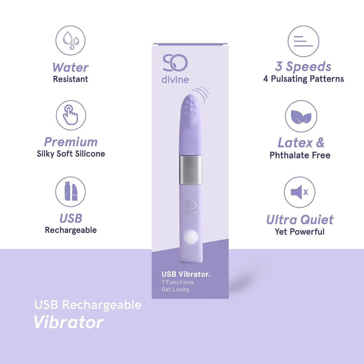 Three images transitioning into each other in an endless loop. Image 1: Water Resistant. 3 speeds 4 pulsating patterns. Premium silky soft silicone. Latex and phthalate free. USB rechargeable. Ultra quiet yet powerful. USB rechargeable vibrator. Image 2: Charge on the go. Don't let the pleasure stop, with easy USB recharging. Image 3: Ultra quiet, yet powerful.
