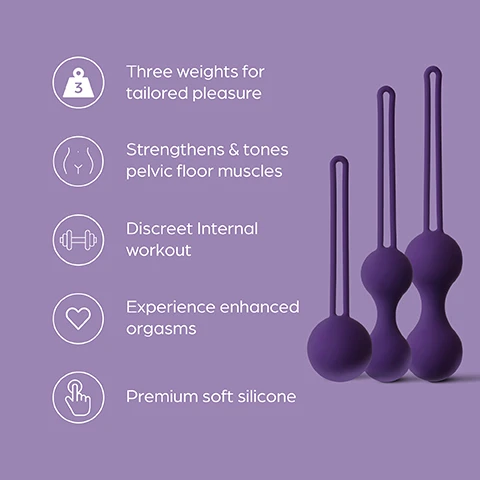 Image 1 - Image shows three purple weighted pelvic floor exercise balls of varying sizes with icons and text indicating their features: three weights for tailored pleasure, strengthens & tones pelvic floor muscles, discreet internal workout, experience enhanced orgasms, and premium soft silicone.
              Image 2 - A hand holding three purple pelvic floor training weights with the text Pelvic floor training The weights exercise and tone pelvic floor muscles for the ultimate workout above.
              Image 3 - Image shows three purple fitness weights of varying sizes labeled as Level 1, Level 2, and Level 3, with respective weights of 36g, 62g, and 96g, and includes the text Individually weighted Choose from three internal weights for a varied workout.
              Image 4 - A hand is holding three purple exercise balls connected by elastic bands against a light purple background, with the text Discreet workout Once inserted, no one will know you are having a discreet workout.
              Image 5 - Illustration showing the female reproductive system with labeled parts including uterus and vagina, along with an explanation of how to use a product with water-based lube and a description of muscle reaction.
