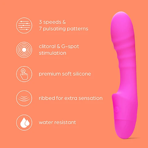 Image 1 - A bright pink vibrator is displayed on an orange background, with icons and text indicating its features: 3 speeds & 7 pulsating patterns, clitoral & G-spot stimulation, premium soft silicone, ribbed for extra sensation, and water resistant.
              Image 2 - A close-up of a purple silicone object with ribbed texture against a coral background, accompanied by the text Ribbed for sensation Enjoy enhanced sensations from the textured ribbed silicone.
              Image 3 - A person holding a bright pink vibrator against an orange background, with text that reads Dual pleasure Enjoy 10 pleasure functions for clitoral and G-spot stimulation.
              Image 4 - A pink flexible sex toy with a curved head is shown against an orange background, accompanied by the text that reads Incredibly flexible Angle and flex the curved head for internal G-spot satisfaction.
              Image 5 - A pink vibrator is shown against an orange background, accompanied by measurements indicating the height (7 inches), insertable length (4.5 inches), and width (1.5 inches).
              Image 6 - A pink vibrator is shown surrounded by splashing water against an orange background, with the text Water resistant The vibrator is fully submergible for use in the bath or shower displayed above.
