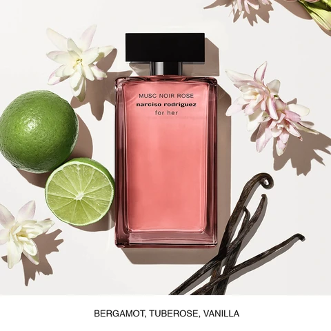 Image 1, bergamot, tuberose, vanilla Image 2, Five perfume bottles arranged on a light background, labeled as Eau de Toilette, Eau de Parfum, Pure Musc, Musc Noir, Musc Noir Rose, and Musc Nude, with descriptions of each scent type and ingredients listed below the bottles.
