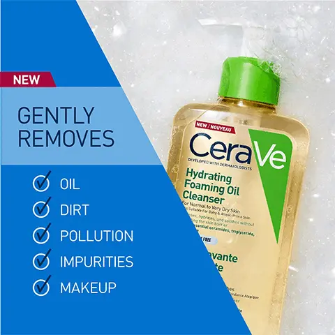 Image 1- new, gently removes, oil, dirt, pollution, impurities, makeup Image 2- normal to very dry skin for body, moisturise, cleanse Image 3- new suitable for dry, delicate, atopic-prone, baby, face and body. Image 4- soft, gentle foam