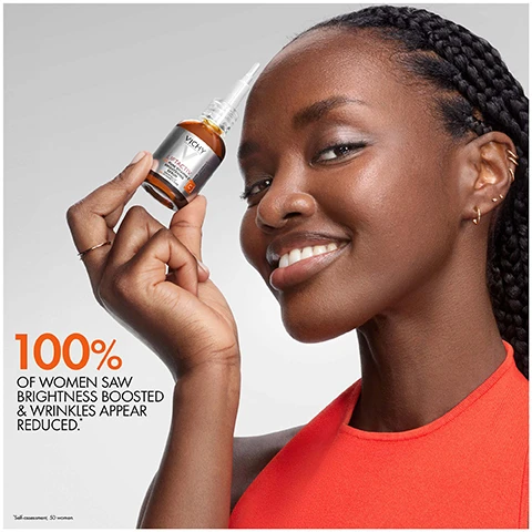 Image 1 - A smiling woman holding a bottle of skin serum with text stating 100% of women saw brightness boosted and wrinkles appear reduced.
              Image 2 - An image featuring a close-up of a golden liquid, divided into quadrants, with visible text reading 16% PURE VITAMIN C, ANTI GLYCATION ACTIVES, and NEW & IMPROVED FORMULA.
              Image 3 - A glass dropper bottle of Vichy Liftactiv serum is shown with droplets of serum around it, featuring visible text stating quick absorption, non-sticky, and non-greasy.
              Image 4 - A portrait of two women facing the camera, one with light skin and blue eyes, and the other with darker skin and braided hair, both smiling; visible text reads FOR ALL SKIN TONES.
              Image 5 - An image showing a hand applying a serum from a bottle with instructions; the visible text reads: 1 APPLY EVERY MORNING ON CLEAN & DRY SKIN 2 APPLY A FEW DROPS ON YOUR FACE, AVOID THE EYE AREA.
              Image 6 - Image shows a skincare routine for anti-aging, featuring three products labeled as step 1 serum, step 2 cream, and step 3 SPF, with the text ANTI-AGEING DAILY PROTOCOL at the top and descriptions BRIGHTEN, FIRM, and PROTECT under each product.