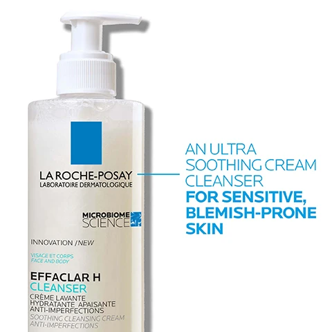Image 1 - A transparent pump bottle of La Roche-Posay Effaclar H Cleanser with a blue square logo, labeled as an ultra soothing cream cleanser for sensitive, blemish-prone skin, and text in French indicating it is for face and body.
              Image 2 - A close-up of a hand applying a creamy lotion to wet skin, with visible text providing instructions that say massage gently on wet skin and rinse off, in case of contact with eyes, rinse them immediately and thoroughly.
              Image 3 - An image of a round, translucent gel with a soft texture is shown, accompanied by the text that reads Formulated for skin post anti-acne treatment and Enriched with Orellana extract, shea butter & niacinamide.
              Image 4 - A bottle of La Roche-Posay Effaclar H Cleanser with a pump on the left and a tube of Effaclar H Moisturiser on the right; visible text includes Effaclar Cleanser and Effaclar Moisturiser, along with additional descriptions of the products.
              Image 5 - Image of a person in a white lab coat with a blue background, featuring text that states No. 1 DERMATOLOGIST RECOMMENDED BRAND IN THE UK* with a smaller note at the bottom that reads Study of 73 Consultant Dermatologists Jan-April 2023.
              Image 6 - Image shows three circular graphics with descriptions of skincare ingredients, including Orellana Extract, which helps reduce oily skin; Shea Butter, which helps boost skin moisture; and Niacinamide, which helps retain natural skin moisture.