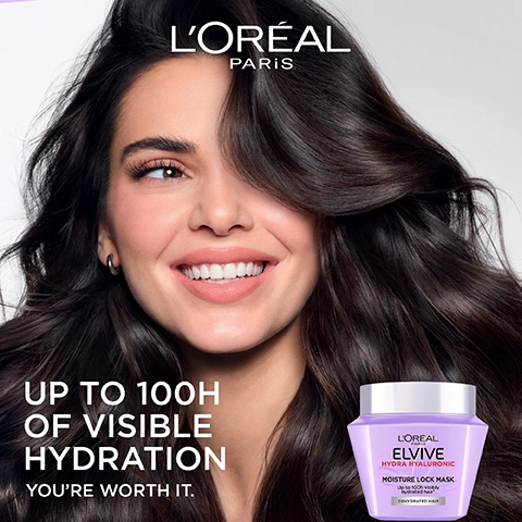 Image 1 - A smiling woman with long, dark, flowing hair looks towards the right, with a purple LOréal Elvive Hydra Hyaluronic Moisture Lock Mask jar visible in the bottom right corner, and the accompanying text LORÉAL PARIS UP TO 100H OF VISIBLE HYDRATION YOURE WORTH IT, along with the text on the jar LORÉAL PARIS ELVIVE HYDRA HYALURONIC MOISTURE LOCK MASK Up to 100h visibly hydrated hair* DEHYDRATED HAIR. Image 2 - A light purple jar of LOreal Elvive Hydra Hyaluronic Moisture Lock Mask with a silver lid is displayed on a purple background next to a swirl of light blue product, with text reading MOISTURE LOCK MASK, LOREAL PARIS ELVIVE HYDRA HYALURONIC MOISTURE LOCK MASK Up to 100h visibly hydrated hair* DEHYDRATED HAIR, and bullet points stating DEEP FEELING OF HYDRATION, HAIR IS REPLUMPED, SOFTER, HEALTHIER, LEAVES HAIR DETANGLED, alongside a circular R logo. Image 3 - A light purple hexagonal jar of LOréal Elvive Hydra Hyaluronic Moisture Lock Mask, partially open with white cream inside and a black line pointing to the cream, is shown against a light purple background, with text Formulated With 13% [Pure Hyaluronic] Care System, and LOréal Paris Elvive Hydra Hyaluronic Moisture Lock Mask, plus a registered trademark symbol. Image 4 - A close-up shot shows hands holding a light purple LOréal Paris Elvive Hydra Hyaluronic Moisture Lock Mask jar, with some of the product on fingertips, next to a step-by-step guide for use. Visible text includes HOW TO USE, 1 LEAVE ON WET HAIR FOR 3 MINUTES, 2 RINSE OUT, 3 FEEL DEEP HYDRATION FOR UP TO 100H, LORÉAL PARIS, ELVIVE, HYDRA HYALURONIC, MOISTURE LOCK MASK, Up to 100h visibly hydrated hair, and DEHYDRATED HAIR. Image 5 - The image displays four purple LOréal Elvive Hydra Hyaluronic hair care products arranged on a light purple background, with visible text HYDRA HYALURONIC ROUTINE FOR DEHYDRATED HAIR; SHAMPOO LORÉAL PARIS ELVIVE HYDRA HYALURONIC 72H HYDRA-FILLING SHAMPOO [PURE HYALURONIC ACID] Up to 72H moisture¹ DEHYDRATED HAIR; CONDITIONER LORÉAL PARIS ELVIVE HYDRA HYALURONIC 72H HYDRA-SEALING CONDITIONER [PURE HYALURONIC ACID] Up to 72H moisture¹ DEHYDRATED HAIR; MASK LORÉAL PARIS ELVIVE HYDRA HYALURONIC MOISTURE LOCK MASK Up to 100h visibly hydrated hair² DEHYDRATED HAIR; SERUM LORÉAL PARIS ELVIVE HYDRA HYALURONIC 2% [PURE HYALURONIC ACID CARE SYSTEM] HYDRA HYALURONIC MOISTURE PLUMP SERUM LEAVE IN Daily hydration booster DEHYDRATED HAIR. Image 6 - The image shows a before and after comparison of LOréal Elvive Hydra Hyaluronic hair masks with the text NEW AND IMPROVED FORMULA, depicting a BEFORE round purple jar labeled LORÉAL PARIS ELVIVE HYDRA HYALURONIC MOISTURE WRAPPING MASK 12% HYDRATING COMPLEX WITH PURE HYALURONIC ACID Up to 10x more hydration! DEHYDRATED HAIR, an arrow pointing to a NOW diamond-shaped purple jar labeled LORÉAL PARIS ELVIVE HYDRA HYALURONIC MOISTURE LOCK MASK Up to 100h visibly hydrated hair* DEHYDRATED HAIR, and further text stating NEW DIAMOND SHAPE and a registered trademark symbol. Image 7 - Five hexagonal LOréal Elvive hair mask jars in shades of fuchsia, lavender, gold, orange, and pale pink are arranged on a white surface, accompanied by text that states: NEW, LOW-PLASTIC DIAMOND SHAPED PACK, LORÉAL PARIS ELVIVE COLOUR PROTECT COLOUR LOCK MASK Vibrant up to 50 washes COLOURED OR HIGHLIGHTED HAIR, LORÉAL PARIS ELVIVE HYDRA HYALURONIC MOISTURE LOCK MASK Up to 100h visibly hydrated hair* DEHYDRATED HAIR, LORÉAL PARIS ELVIVE EXTRAORDINARY OIL HAIR OILING MASK Up to 10x more nourishment* DRY HAIR, LORÉAL PARIS ELVIVE DREAM LENGTHS LENGTHS SAVIOR MASK Save your last 10cm* LONG, DAMAGED HAIR, LORÉAL PARIS ELVIVE GLYCOLIC GLOSS SHINE ACTIVATING MASK Intense shine in 1 use DULL, LIFELESS HAIR, and -128T OF PLASTIC PER YEAR IN EUROPE THANKS TO THE NEW LIGHTWEIGHTED JAR* *BASED ON 2024 OF SOLD UNITS IN EUROPE, along with a registered trademark symbol R in a circle. Image 8 - Three LOréal Elvive hair mask jars in gold, pink, and lavender are displayed on a white background alongside the text ECO DESIGNED JAR OUR PLANET IS WORTH IT, featuring sustainability claims of -15% LESS PLASTIC*, RECYCLABLE JAR**, and MADE OF 70% RECYCLED PLASTIC***, with each jar detailing its product: LOréal Paris Elvive Extraordinary Oil Hair Oiling Mask Up to 10x more nourishment* Dry Hair, LOréal Paris Elvive Colour Protect Colour Lock Mask Vibrant up to 50 washes Coloured or Highlighted Hair, and LOréal Paris Elvive Hydra Hyaluronic Moisture Lock Mask Up to 100h visibly hydrated hair* Dehydrated Hair, followed by explanatory footnotes *Versus previous 300ml jar. **If put in the sorting bin ***Excluding dyes, additives and labels.